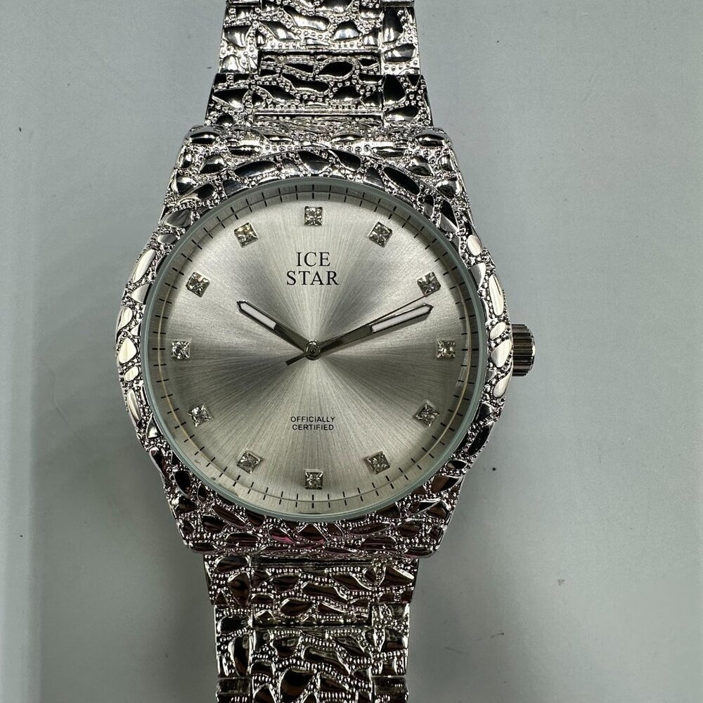 Ice Star Watch Men Silver Tone Nugget 43MM Round New Battery 8.5 Inch